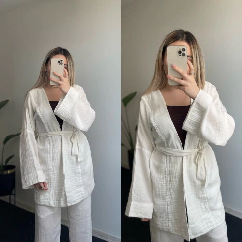 Beyaz İşlemeli Uzun Kimono