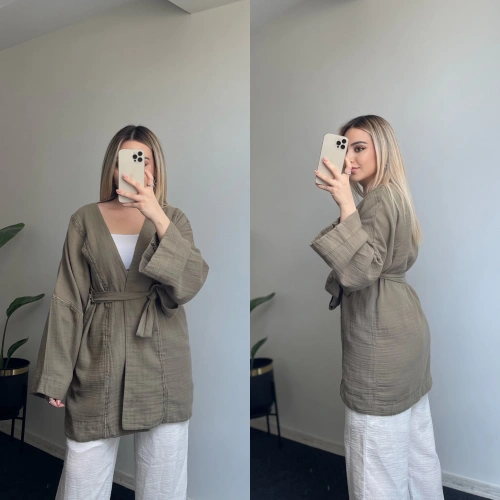 Haki Yeşil İşlemeli Uzun Kimono