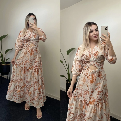 Çiçek Desenli Turuncu Elbise