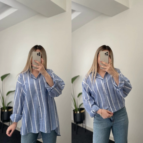 Çizgili Mavi Keten Gömlek