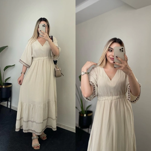 Bej İşleme Detaylı Müslin Elbise