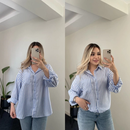 Mavi Çizgili Pamuk Gömlek
