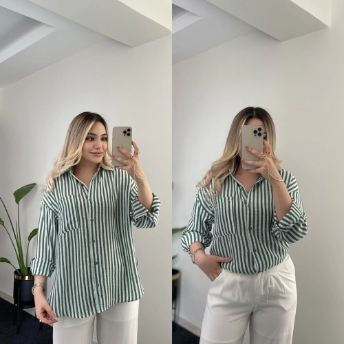 Yeşil Çizgili Pamuk Gömlek