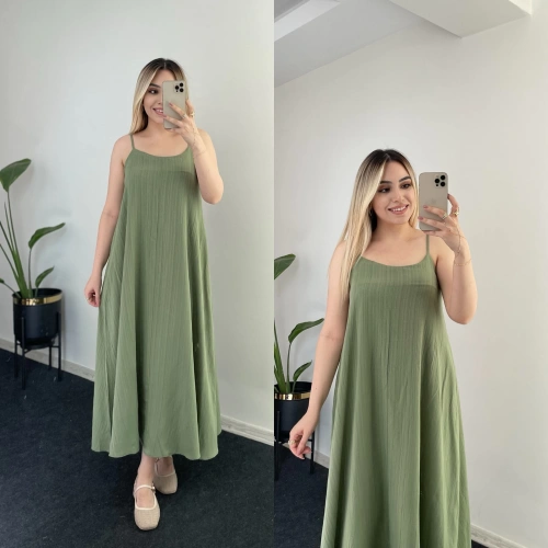 Haki Yeşil İçi Astarlı Müslin Elbise