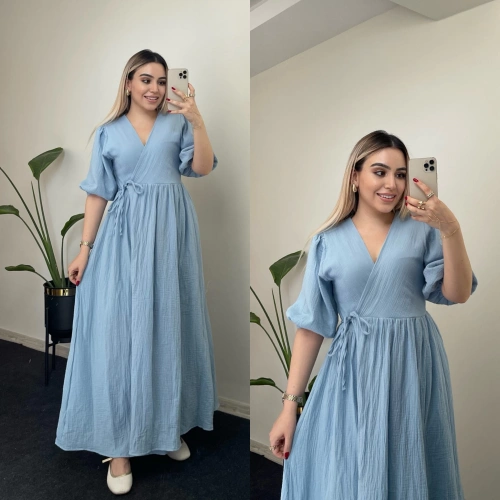 Belden Bağlamalı Mavi Müslin Elbise