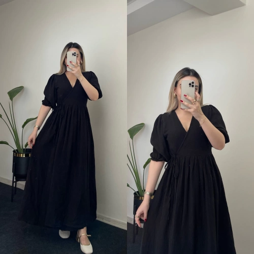 Belden Bağlamalı Siyah Müslin Elbise