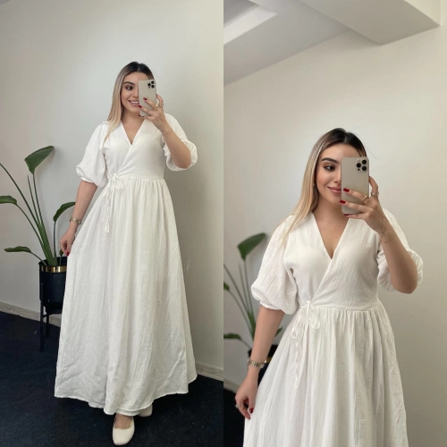 Belden Bağlamalı Beyaz Müslin Elbise