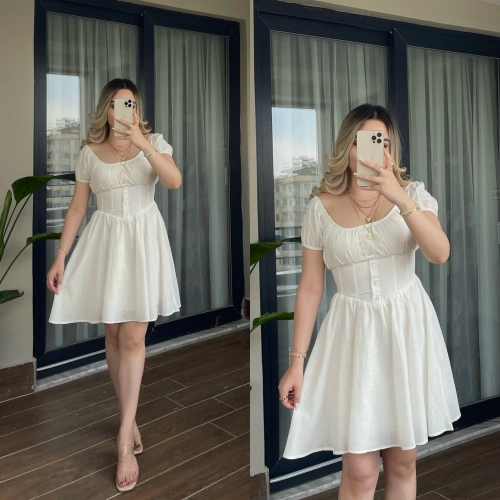 Beli Korseli Beyaz Elbise