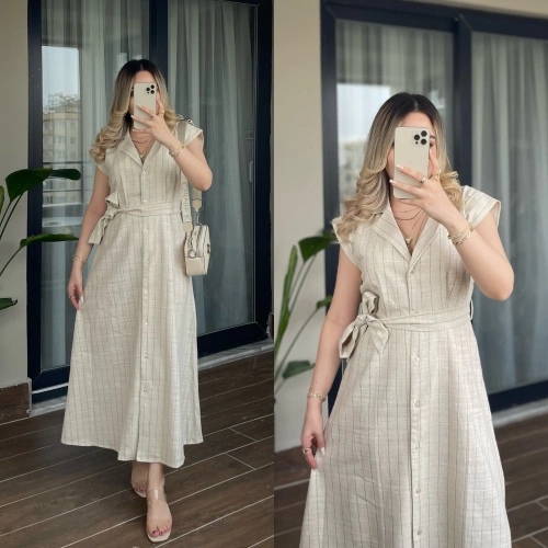 Çizgili Keten Elbise