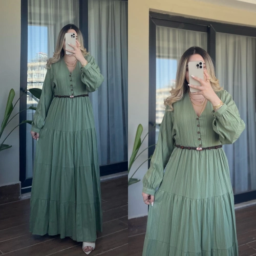 Haki Maxi Boy Müslin Elbise