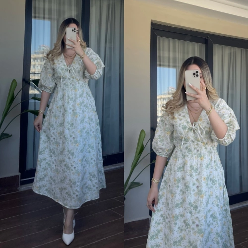 Yeşil İçi Astarlı Çiçek Desenli Müslin Elbise