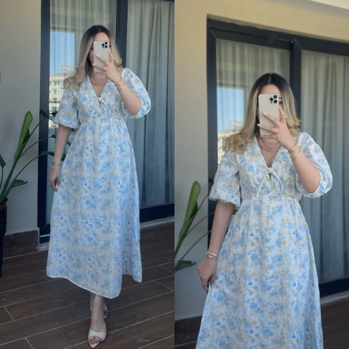 Mavi İçi Astarlı Çiçek Desenli Müslin Elbise