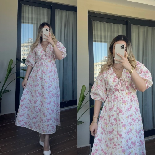 Pembe İçi Astarlı Çiçek Desenli Müslin Elbise