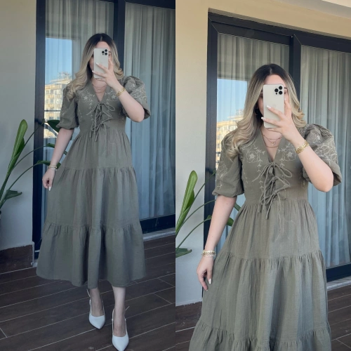 Nakış İşlemeli Haki Müslin Elbise