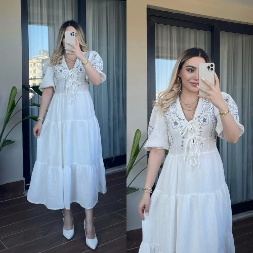 Nakış İşlemeli Beyaz Müslin Elbise