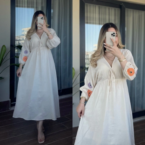 Kolları Nakış İşlemeli Müslin Elbise Bej