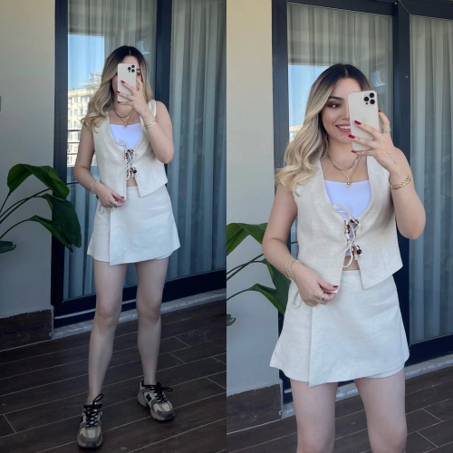 Şort Etekli Yelek Takım Taş Rengi