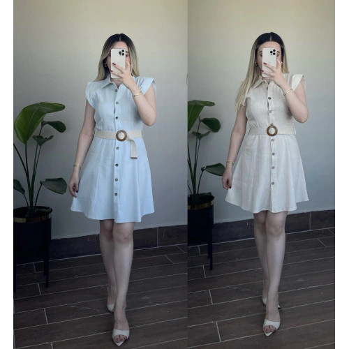 Kemerli Keten Elbise