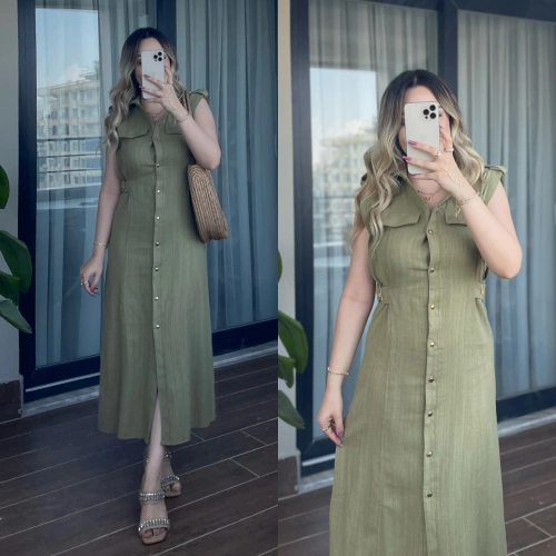 Kemer Detaylı Haki Keten Elbise