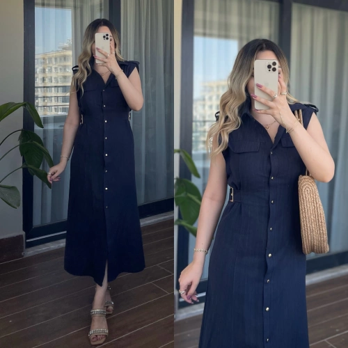 Kemer Detaylı Lacivert Keten Elbise