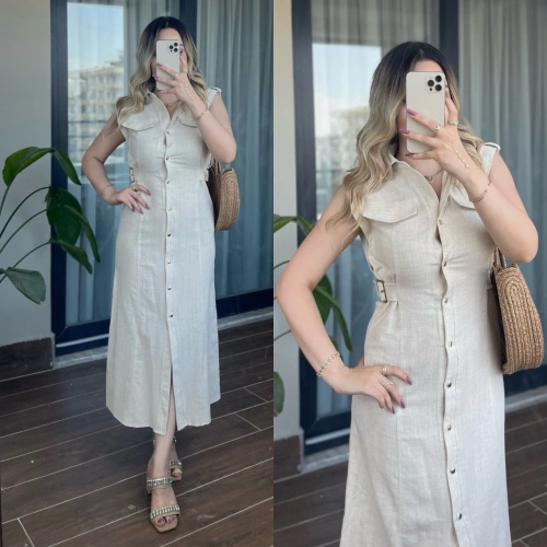 Kemer Detaylı Taş Rengi Keten Elbise