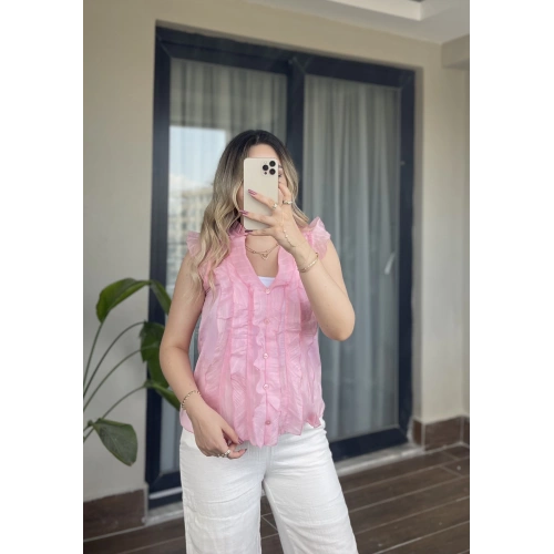 Pembe Kolsuz Fırfırlı Gömlek