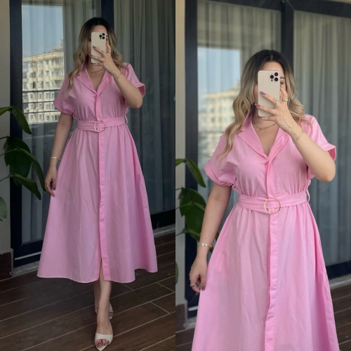 Kemerli Gömlek Elbise Pembe