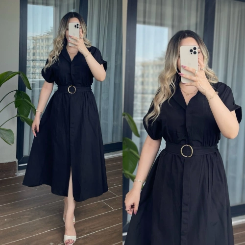 Kemerli Gömlek Elbise Siyah