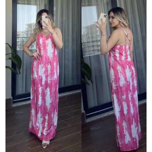 Sırt Dekolteli Batik Desenli Pembe Elbise