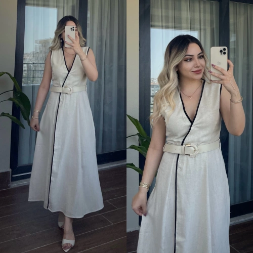 Biyeli Taş Rengi Keten Elbise