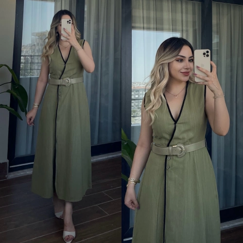 Biyeli Haki Yeşil Keten Elbise