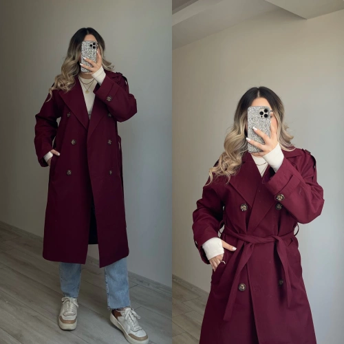 Premium Kalite Bordo Trençkot