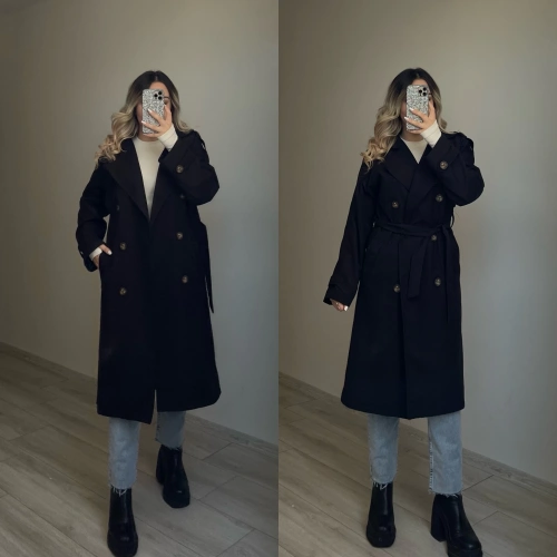 Premium Kalite Siyah Trençkot