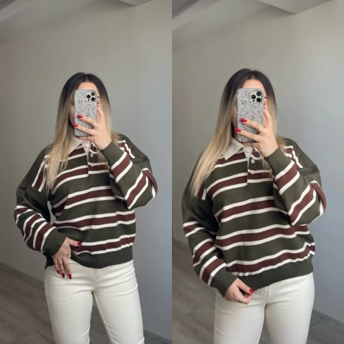 Polo Yaka Çizgili Triko Haki