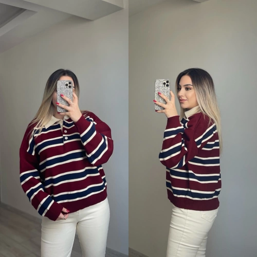 Polo Yaka Çizgili Triko Bordo