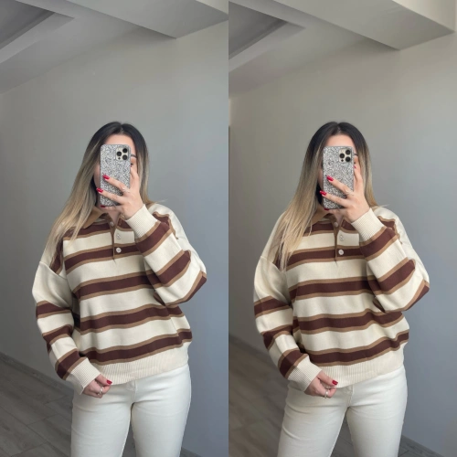 Polo Yaka Çizgili Triko Ekru