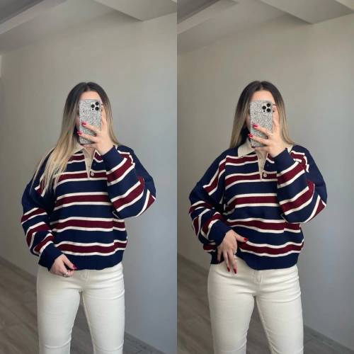 Polo Yaka Çizgili Triko Lacivert