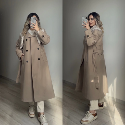 Premium Kalite Fularlı Bej Trenç