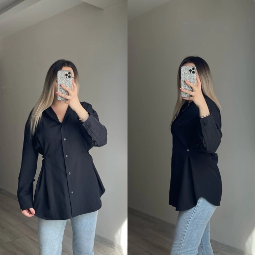 Belden Düğmeli Siyah Gömlek