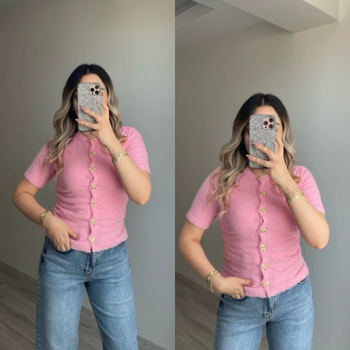 Kurdela Düğmeli Yumoş Hırka Pembe