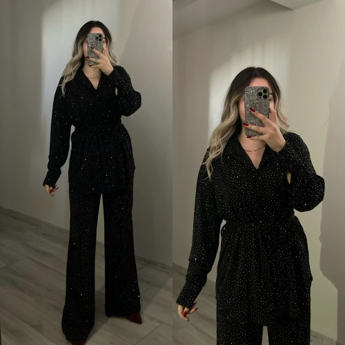 Siyah Işıltılı Fularlı Takım