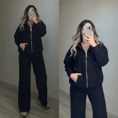 Siyah Kapuşonlu Triko Takım