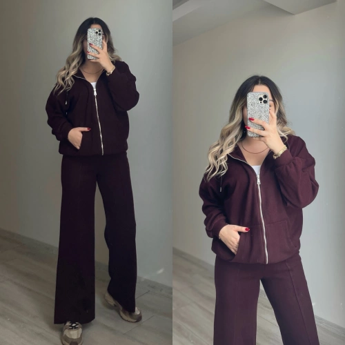 Bordo Kapuşonlu Triko Takım