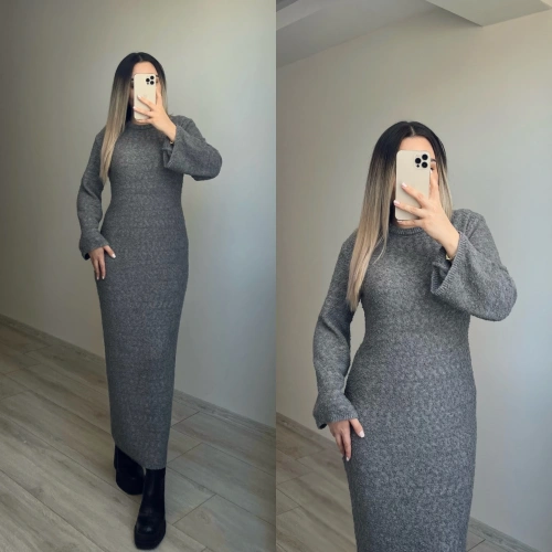 Dokulu Antrasit Triko Elbise