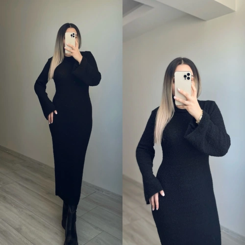 Dokulu Siyah Triko Elbise