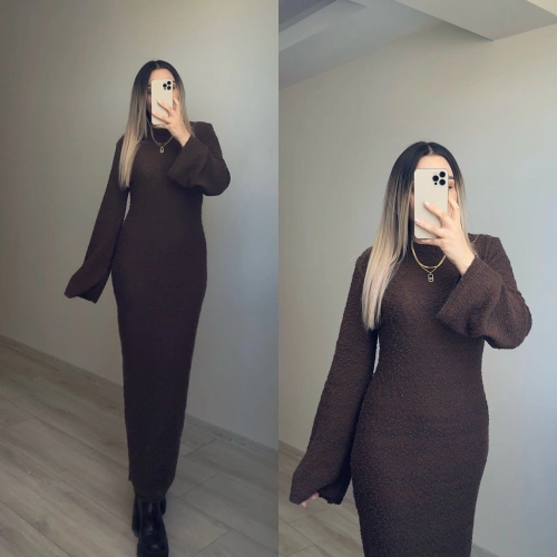 Dokulu Acı Kahve Triko Elbise