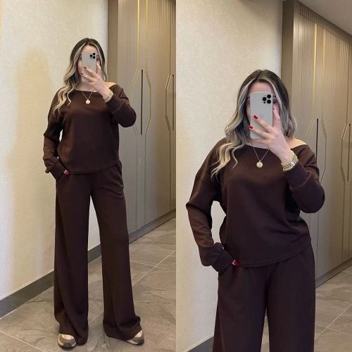 Kayık Yaka Modal Takım Acı Kahve