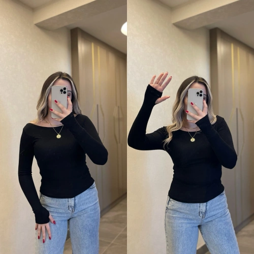 Oysh Parmak Geçmeli Kayık Yaka Bluz Siyah