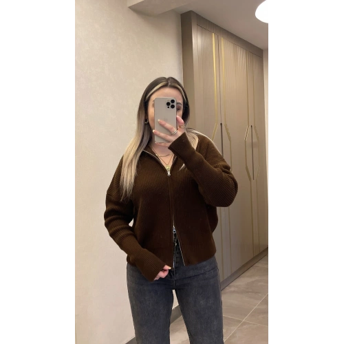 Acı Kahve Çift Fermuarlı Hırka