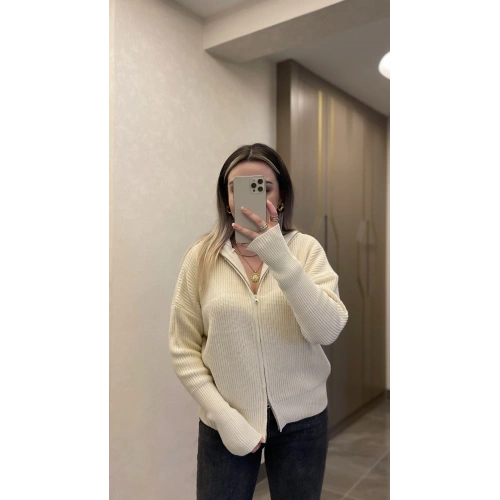 Ekru Çift Fermuarlı Hırka